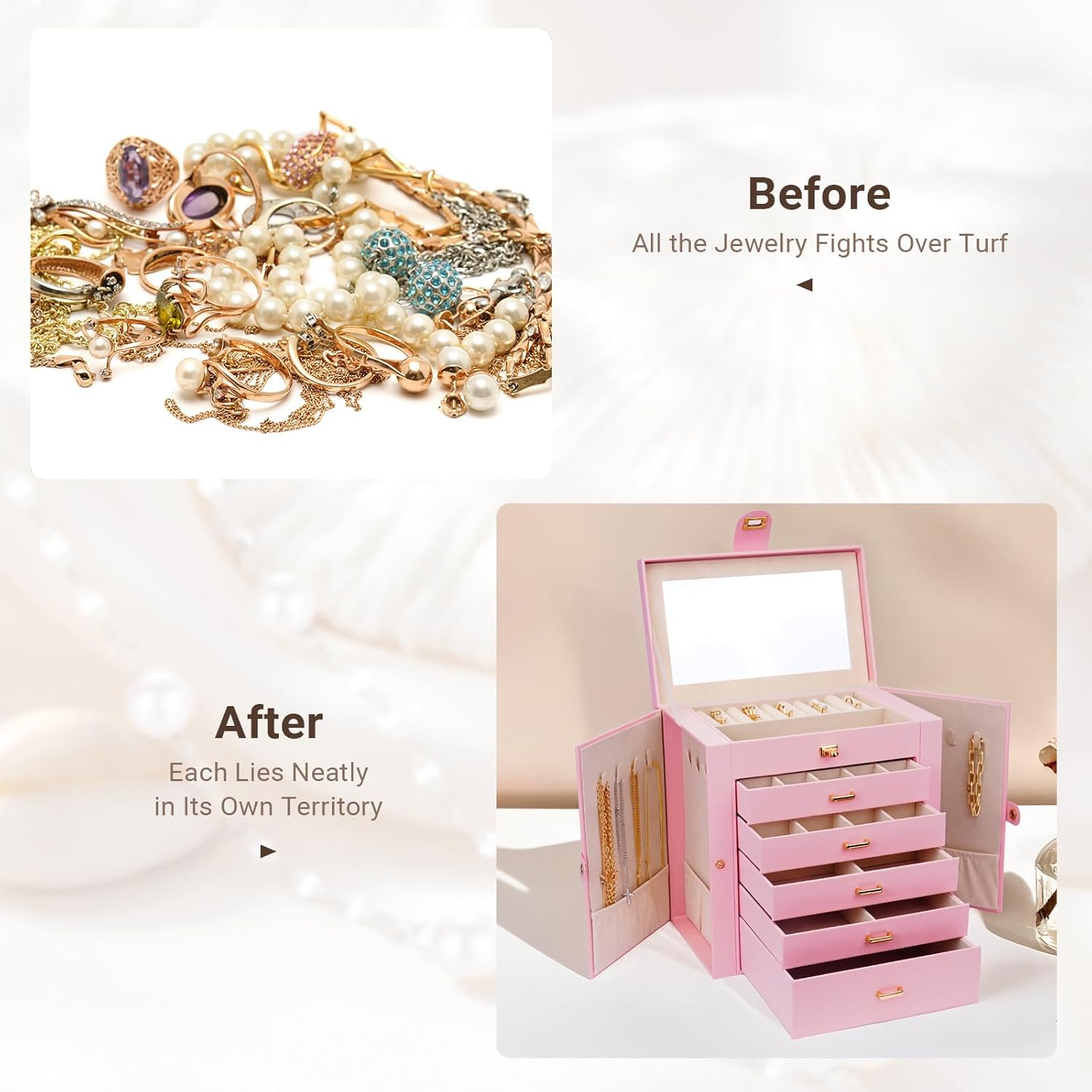 CARLA HOME 6-Layer Large Jewelry Box for Women with Drawers, Mirror, Lock, Necklace Hooks & Side Compartments for Rings, Earrings, Bracelets, Gifts (Pink) - Image 6