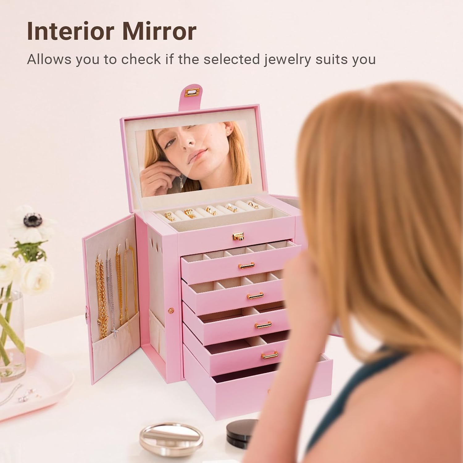 CARLA HOME 6-Layer Large Jewelry Box for Women with Drawers, Mirror, Lock, Necklace Hooks & Side Compartments for Rings, Earrings, Bracelets, Gifts (Pink) - Image 7
