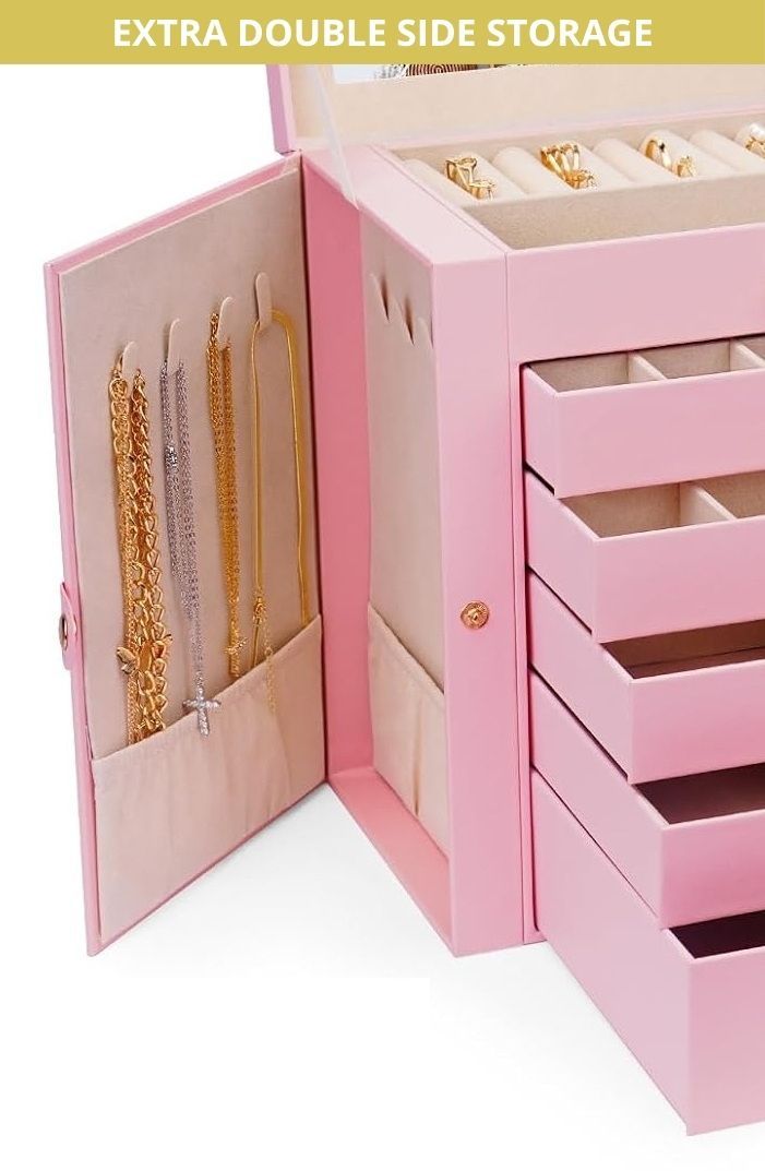 CARLA HOME 6-Layer Large Jewelry Box for Women with Drawers, Mirror, Lock, Necklace Hooks & Side Compartments for Rings, Earrings, Bracelets, Gifts (Pink) - Image 8
