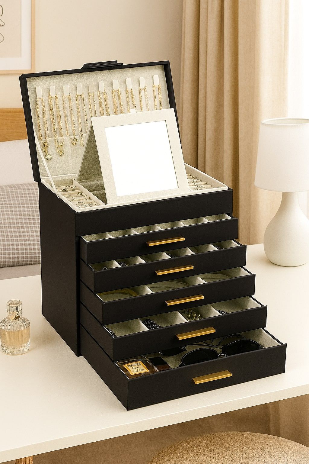 CARLA HOME 6-Layer Large Jewelry Organizer Box for Women with Mirror, Drawers, Hooks & Dividers for Rings, Necklaces, Bracelets, Ideal Gift for Women (Black) - Image 2