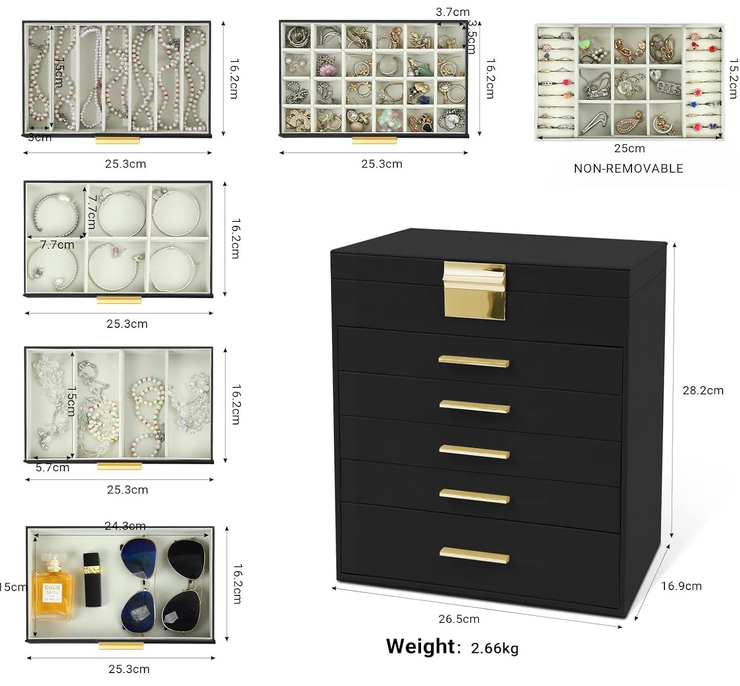 CARLA HOME 6-Layer Large Jewelry Organizer Box for Women with Mirror, Drawers, Hooks & Dividers for Rings, Necklaces, Bracelets, Ideal Gift for Women (Black) - Image 3