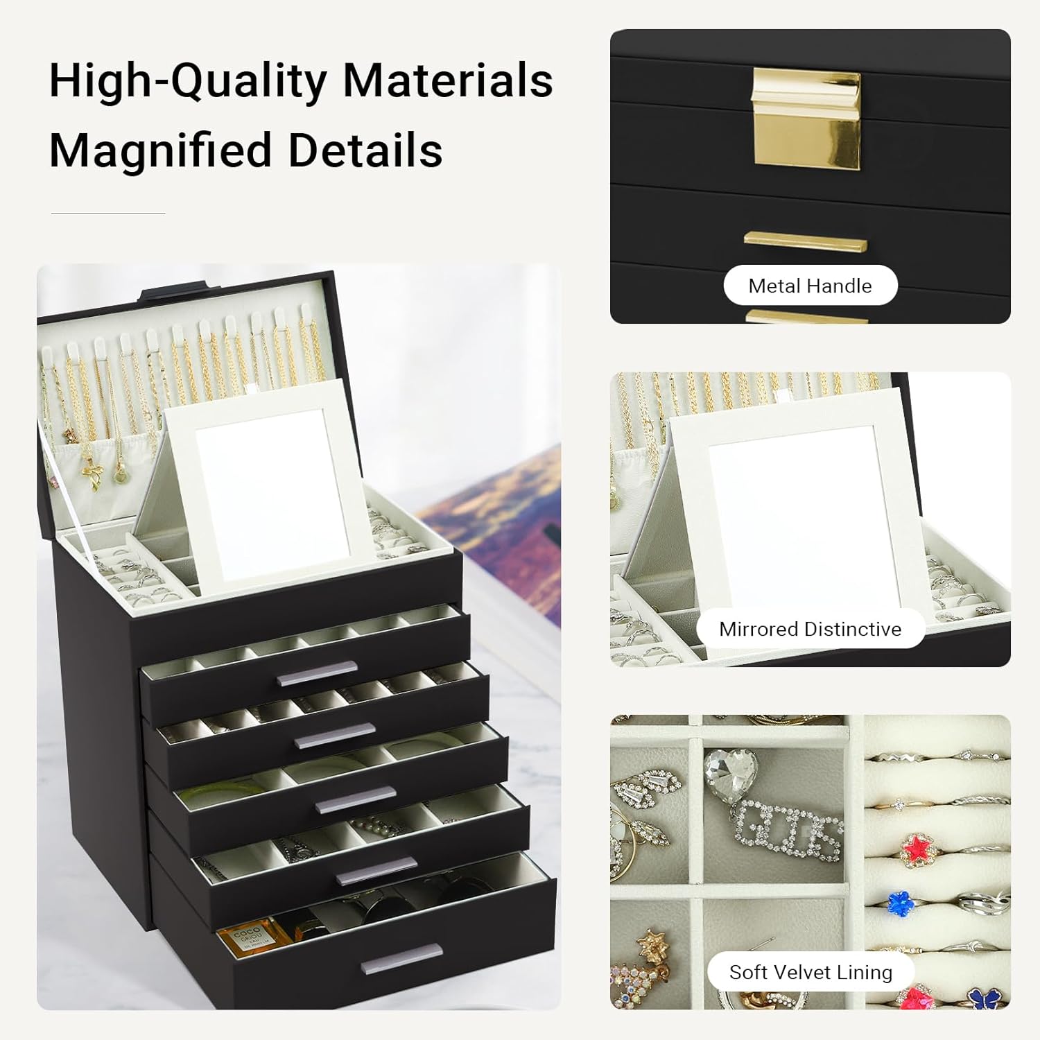 CARLA HOME 6-Layer Large Jewelry Organizer Box for Women with Mirror, Drawers, Hooks & Dividers for Rings, Necklaces, Bracelets, Ideal Gift for Women (Black) - Image 4